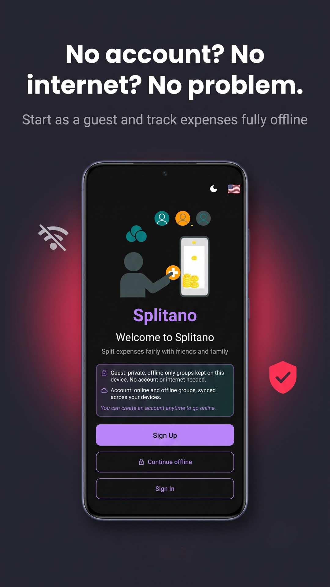 Splitano guest mode — start offline without an account